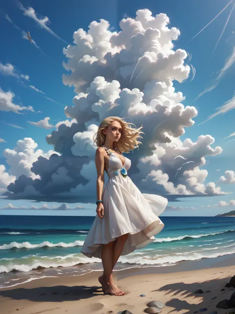 a beautiful girl standing in front of a cloud on a beach while wind is blowing, 1girl, solo, cloud, outdoors, sky, beach, dress, barefoot, day, ocean, white dress, blonde hair, blue sky, transparent. see thrus, large breasts. covered nipples