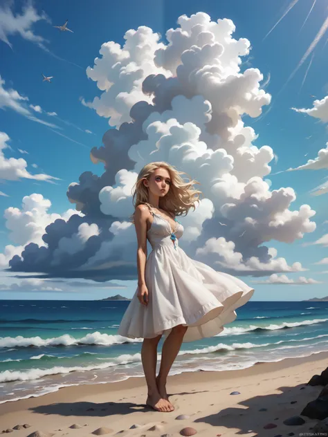 a beautiful girl standing in front of a cloud on a beach while wind is blowing, 1girl, solo, cloud, outdoors, sky, beach, dress, barefoot, day, ocean, white dress, blonde hair, blue sky, transparent. see thrus, large breasts. covered nipples