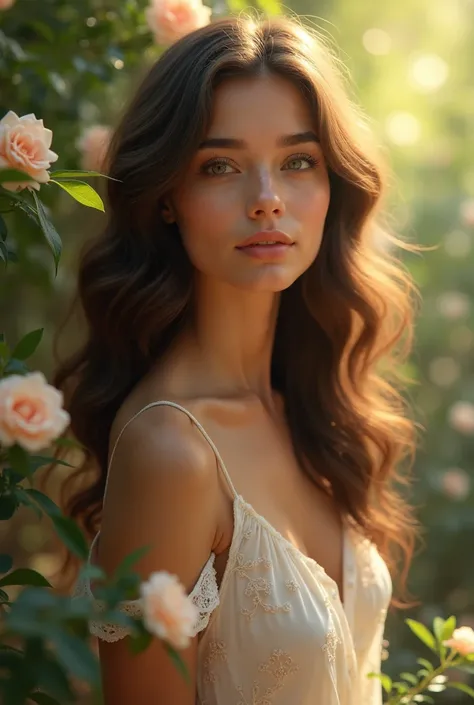 Create a beautiful and natural woman, Brunette with a Brazilian face with an angelic look
