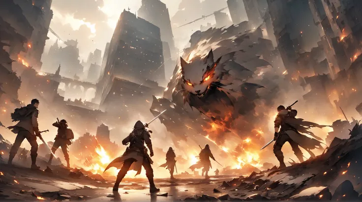 fantasy around the eyes。Hero with Sword。enemy。Cooperate with peers。city。fight。magic。wasteland