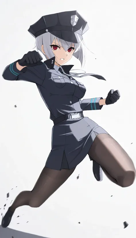 ((masterpiece)), (best quality), 1girl, solo, Simple background, temptation, delicate face, Battle Pose , Thomas slalom kick, full body, silver short hair, long sideburn, Disdainful Eyes, Black Stockings, Damaged black police uniform, medium breasts, sty...