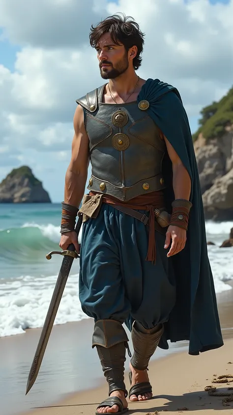 Cillian Murphy reimagined as Odysseus walking and holding a xiphos sword､dramatic atmosphere, 1 male､

Short, tousled dark brown hair, piercing ice-blue eyes, and a narrow, sharp face marked by weather and wisdom. A faded scar crosses his left cheek, and a...