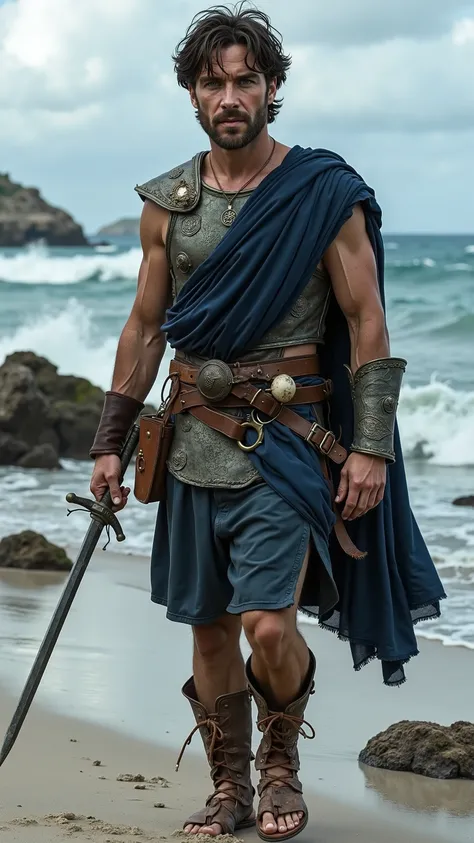 Cillian Murphy reimagined as Odysseus walking and holding a xiphos sword､dramatic atmosphere, 1 male､

Short, tousled dark brown hair, piercing ice-blue eyes, and a narrow, sharp face marked by weather and wisdom. A faded scar crosses his left cheek, and a...