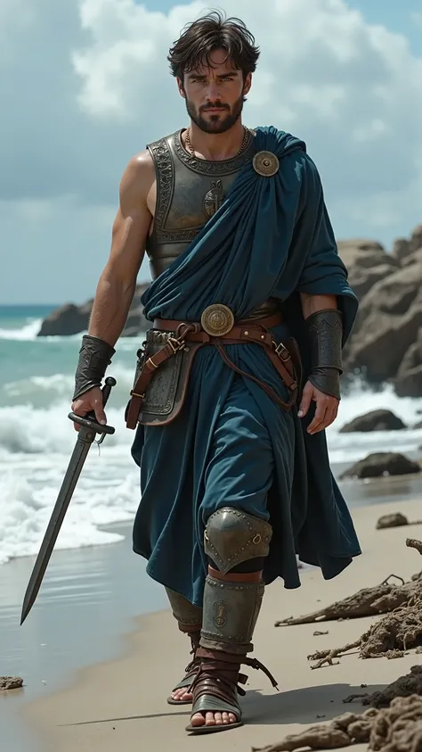 Cillian Murphy reimagined as Odysseus walking and holding a xiphos sword､dramatic atmosphere, 1 male､

Short, tousled dark brown hair, piercing ice-blue eyes, and a narrow, sharp face marked by weather and wisdom. A faded scar crosses his left cheek, and a...