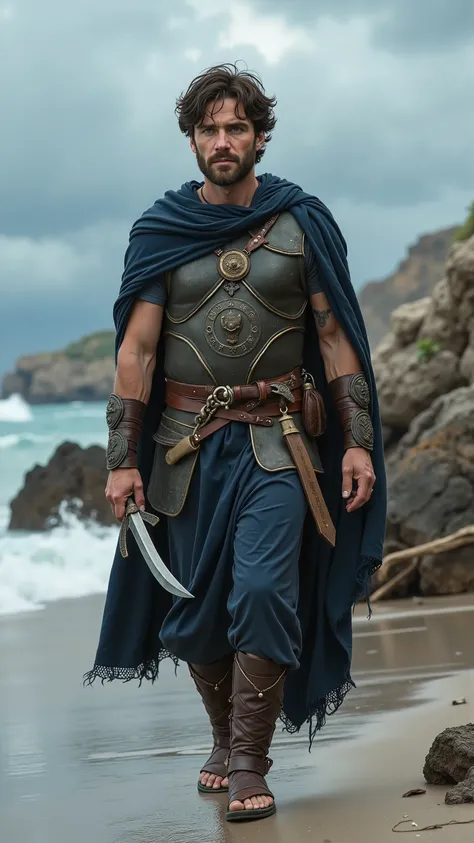 Cillian Murphy reimagined as Odysseus walking and holding a xiphos sword､dramatic atmosphere, 1 male､

Short, tousled dark brown hair, piercing ice-blue eyes, and a narrow, sharp face marked by weather and wisdom. A faded scar crosses his left cheek, and a...