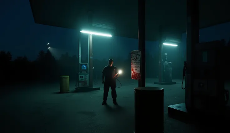 A dimly lit, isolated gas station at night under a pitch-black sky. Harsh fluorescent lights flicker above the pumps. A shadowy humanoid figure with glowing eyes watches from the treeline in the distance. In the foreground, a terrified gas station worker i...