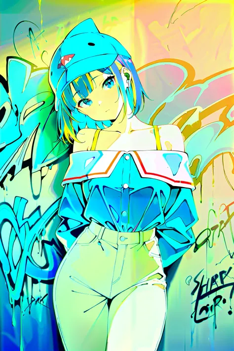 style-paintmagic, masterpiece, Highest quality、Extremely Detailed CG Uniform 8K Wallpaper, A Fashion Girl , alone, Off-the-shoulder jacket, Khaki pants, Shark Cap, (Graffiti: 1.5), paint splash , Paint dripping, Arms behind, leaning against a wall, Watch...