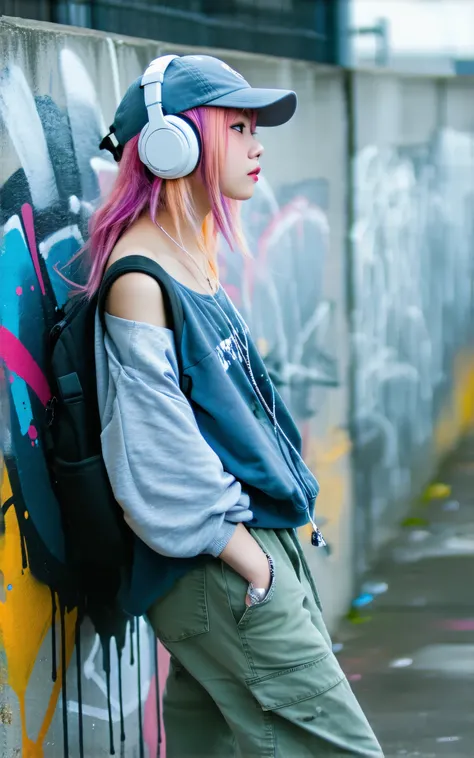 style-paintmagic, masterpiece, Highest quality、Extremely Detailed CG Uniform 8K Wallpaper, A Fashion Girl , alone, Off-the-shoulder jacket, Khaki pants, Shark Cap, (Graffiti: 1.5), paint splash , Paint dripping, Arms behind, leaning against a wall, Watch...