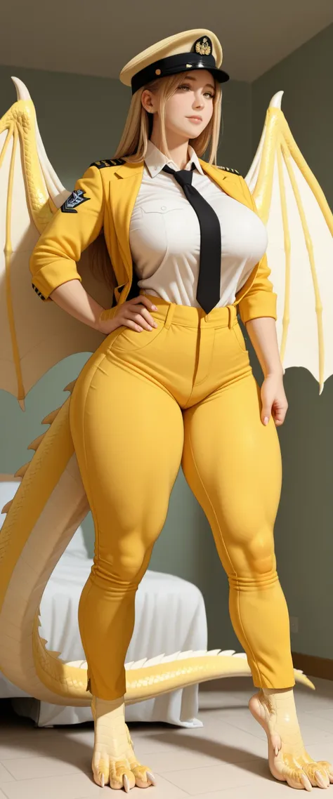 a sexy woman, With big breasts, athletic body, thick thighs,  tail, Dragon's Feet, dragon wings and yellow scales. Her face is feminine, and she wears a yellow suit and tie, black tactical pants and a. Her hair is yellow and white, and she wears a yellow m...