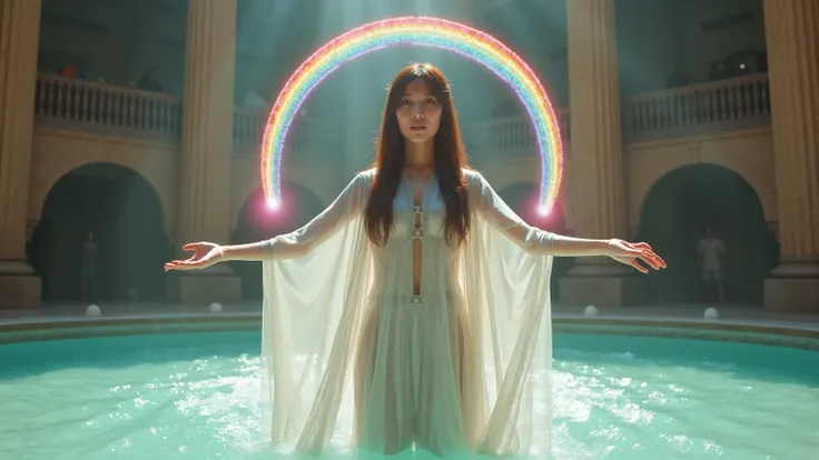 photo quality、full body photo、 Ancient Roman Amphitheatre Decorated with Beaded Beards 、the fountain in the middle of the arena、The goddess appearing from the fountain、My whole body floats on water 、a feather-like robe that wraps around the whole body、wear...