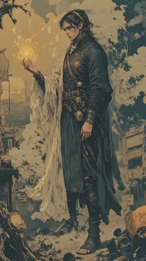 A tall man with long wavy hair, sem barba, wears a black kimono made of light, flowing fabric with subtle gold patterns on the sleeves and bottom hem. About the kimono, he wears a half-beige white cloak, body attached by a half-moon-shaped metallic brooch....