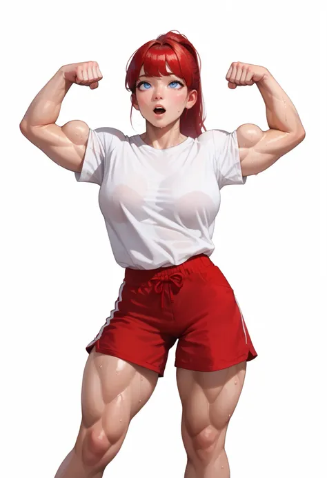 ((White background)) ((Korean girl)) ((1girl)) , (solo girl) ,24 years old, rathing_questionable , detailed eyes, (Red hair tied in a ponytail) Bangs ,blue eyes, (white oversized t-shirt:1.3) ,(Red shorts:1.2) , ((muscular:0.4)), strong , (sexy) tall ((bre...