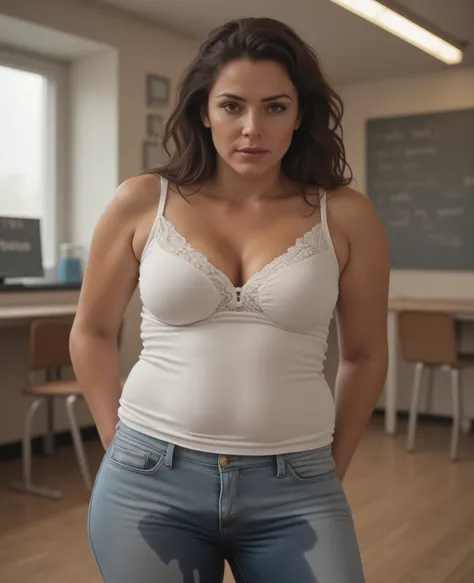 Extremely photorealistic . HDR, une femme caucasienne blanche sexy enceinte de 9 mois, 30 ans, brune, long hair, en chemise blanche et jean, floral dress, soutien-gorge blanc en dentelle, in a classroom, Il y a une grande tache d'urine sur son jean le lo...