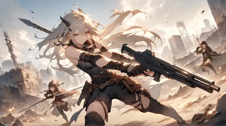 fantasy around the eyes。Hero with Sword。enemy。Cooperate with peers。city。fight。Focus on the face。wasteland。gun。female