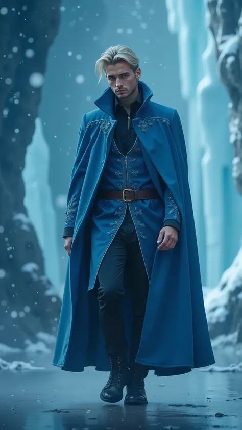 A hyper-realistic, full-body shot of a regal man resembling Elsa from Frozen, dressed in a masculine version of Elsa’s signature ice-blue gown. His outfit features a tailored ice-crystal-embroidered coat with a flowing cape, intricate frost patterns on the...
