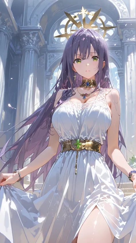  better quality , masterpiece , looking at the viewer, absurdres,1 girl, score_9, score_8_above, score_7_above,source_ anime ROMPS Sasha , green eyes, purple hair ,long hair, Big breasts, white dress1, dress, neckline, Petal bracelet, Golden belt, jewelry,...