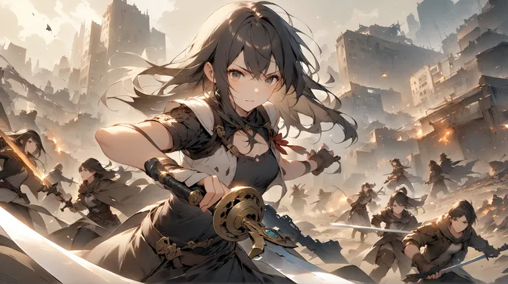 fantasy around the eyes。Hero with Sword。enemy。Cooperate with peers。city。fight。Focus on the face。wasteland。gun。 dark-haired woman