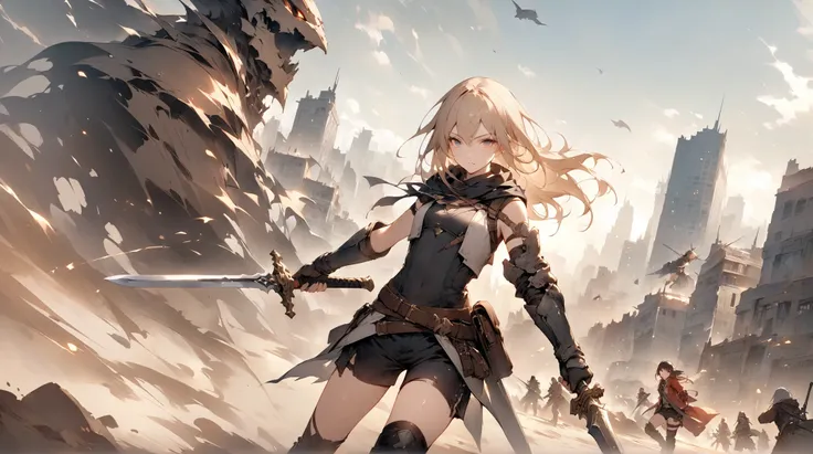 fantasy around the eyes。Hero with Sword。enemy。Cooperate with peers。city。fight。Focus on the face。wasteland。gun。female