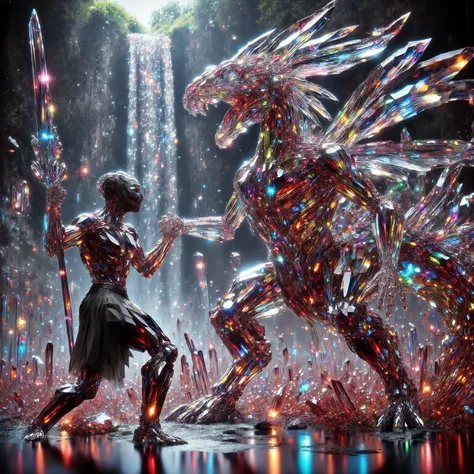 A skeleton of a dinosaur made up of gigantic quartz crystal points that are multicolored translucent pillars in a tropical rainforest. In the middle of these quartz crystals is an incredible gushing cascading waterfall that pours into a beautiful lagoon th...