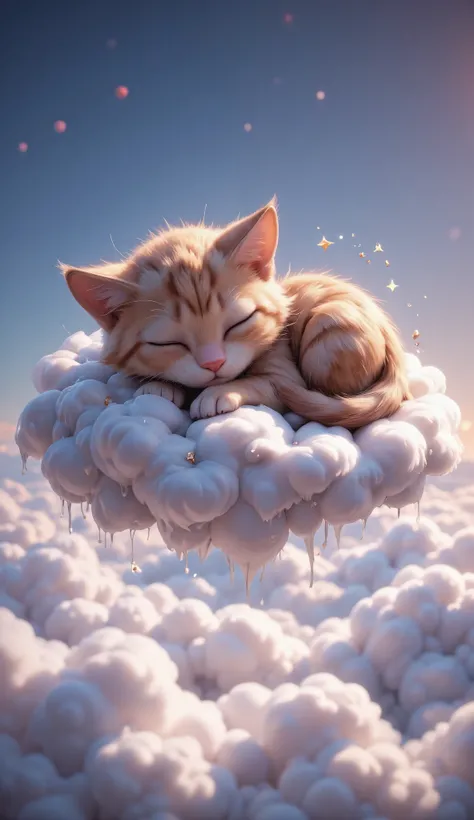 3D characters, cute happy kitten, sleeps on fluffy cloud, in the sky above the clouds, masterpiece, Background Blur, Shut your mouth.