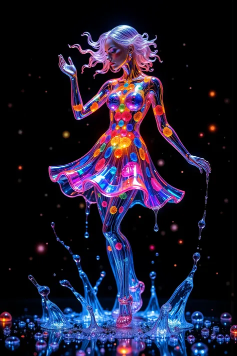 (masterpiece, Best Quality), 8k,(((Very detailed))), race:1.8,Super intricate pattern, colorful pattern, mostly black background,Stained Glass Transparent Body, Mandala, Light up, colored glass sculpture in the shape of a beautiful young woman, crystal cl...