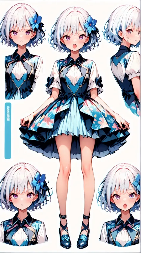 Alone、 slim、Petite、22 years old、  height 158 cm、An Extraordinary Beauty、short hair、 light blue hair、thin legs、Petiteなお尻、Idol-like eyes、
((flower pattern dress))、full body、facing directly、 my mouth is open、((Hands ahead of the skirt、Lower your hands straigh...