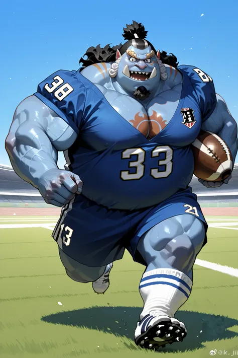 solo, chubby jinbe, chest tattoo, happy, side chest, Stand slightly sideways, side angel, shirtless, very huge pectoral, shorts, football, football jersey, football fields, running, playing football, detailed face:1.3, eyes, wide shoulder, thick arms, wide...