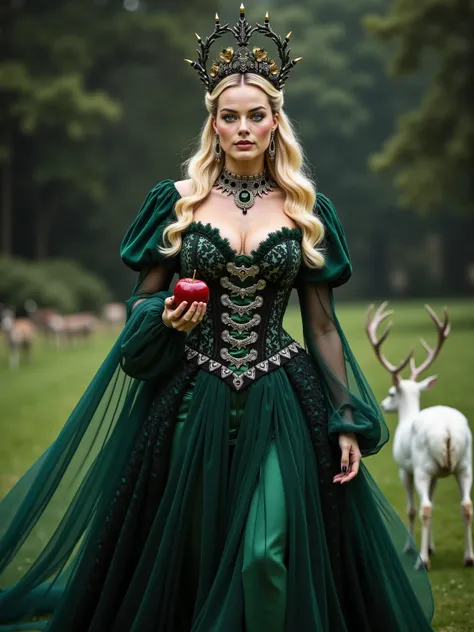 Margot Robbie reimagined as a majestic dark gothic Empress walking and holding A dark red apple, snow white deer walking near her､1 female､ full body, cleavage,
Golden-blonde hair styled in long cascading waves, braided at the crown with black rose vines a...