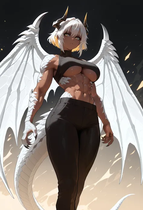muscular creature, dark horns, yellow eyes, short spiky white hair, short hair, black skinsuit, pants, open abs, underboob, humanoid arms with sharp claws and scales, silver scales on arms and legs, calm pose, athletic, dark skin tone, 4 scalie wings, BREA...