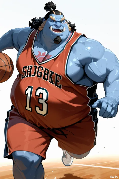 solo, chubby jinbe, chest tattoo, happy, side chest, fat, big belly, shirtless, very huge pectoral, shorts, basketball, jersey, basketball fields, running, playing basketball, dribble ball, detailed face:1.3, eyes, short hair:1.2, masterpiece, semirealisti...