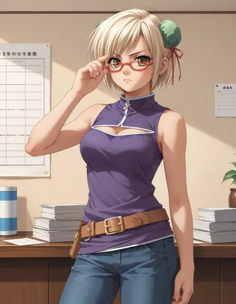 score_9, score_8_up, score_7_up, source_anime, pia carrot style, adjusting eyewear, serious, anime screencap, glasses, light blonde hair, brown eyes, short hair, glasses, hair bun, bun cover, bun covers, double bun, 1girl, solo, sleeveless, purple shirt, t...