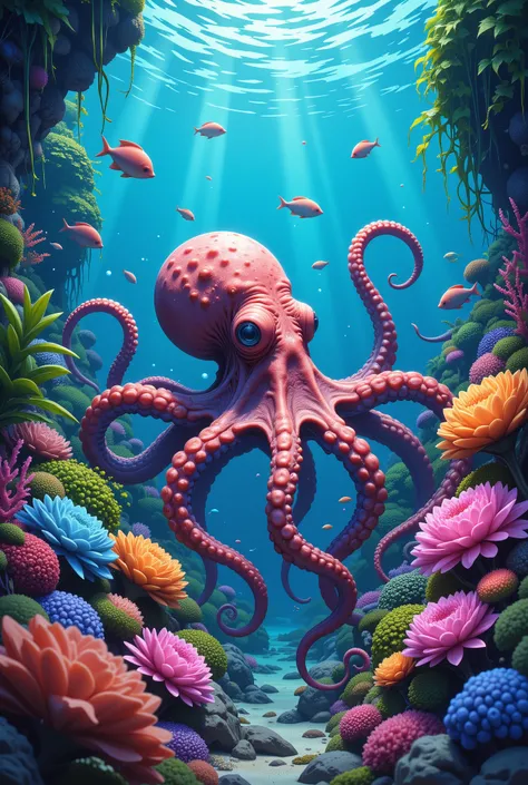 An octopus tending its garden under the sea, surreal style
