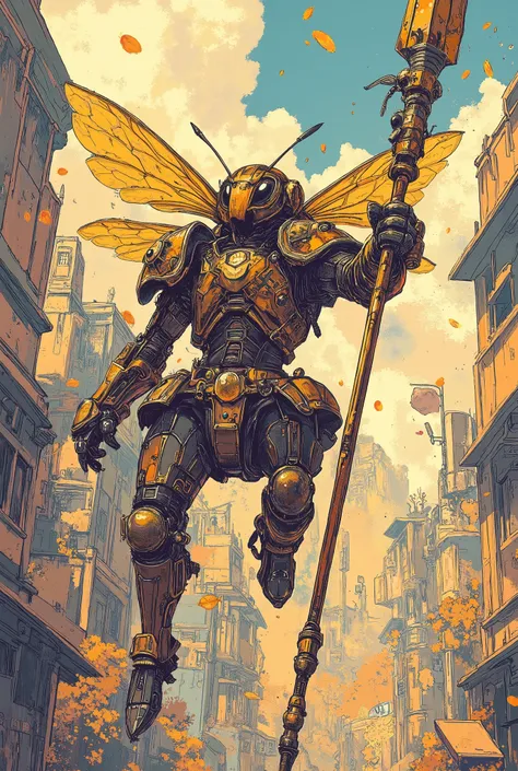 bee warrior ,fantasy armor, Meisterwerk, Best quality, Super Detail,4k,fliegend, bright light in the background , extremely detailed 8k photo with a very realistic presentation, dramatic lighting, kinematic composition, epic fantasy scene ,holds a spear,ep...