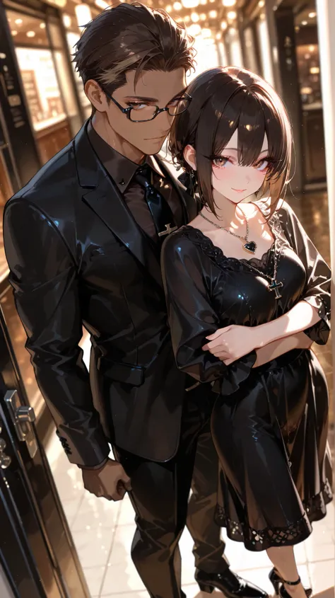 masterpiece,best quality,amazing quality, detailed eyes, very aesthetic, depth of field, detailed background, 1boy, 1girl, male has brown skin, male has long face, male has low fade hair , male has dark brown eyes, black hair, male is muscular, male wearin...