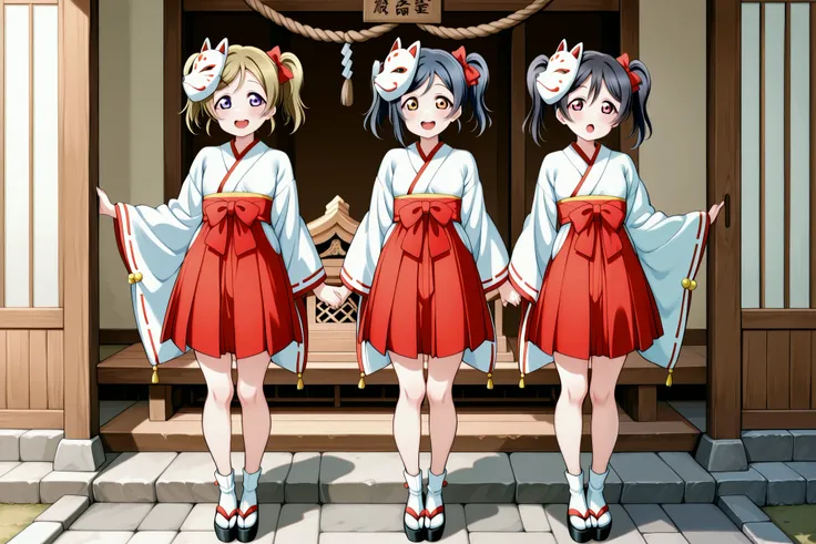 Love Live! School Idol Project, Love Live!, The same[Multiple girls wearing noh masks]but(((standing side by side))),[ black hair、(small breasts in Mbini), SHORT TWIN TAILS, Love Live! style,(They wear a fox mask in front of their faces、the fox face looks ...