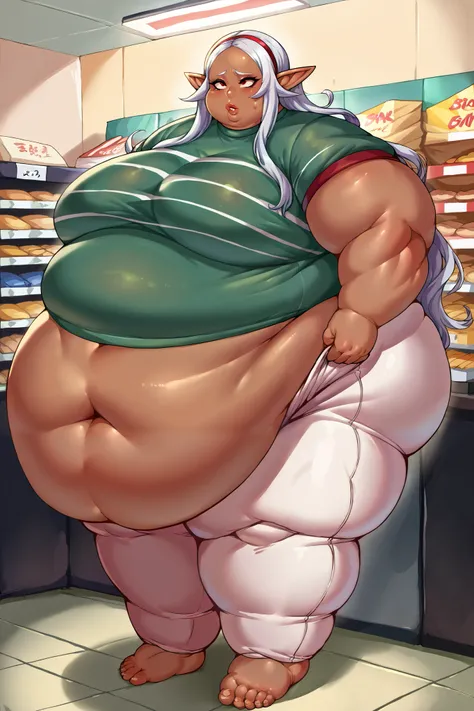 score_9, score_7_up, BREAK
kuroedacler, pointy ears, dark-skinned female, dark skin, dark elf,   long hair,  red eyes,   striped shirt,  short sleeves, grey hair,white pants
1girl,huge breasts, giant hands, giant feet, fat, chubby, obese, gigantic arms and...