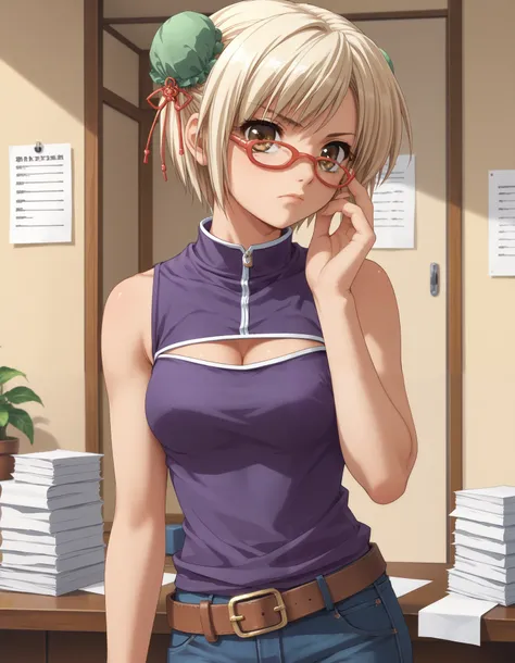 score_9, score_8_up, score_7_up, source_anime, pia carrot style, adjusting eyewear, serious, anime screencap, glasses, light blonde hair, brown eyes, short hair, glasses, hair bun, bun cover, bun covers, double bun, 1girl, solo, sleeveless, purple shirt, t...