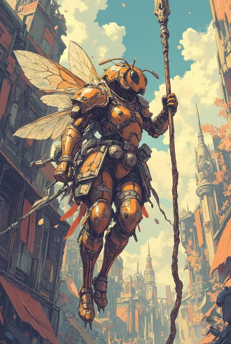 bee warrior ,fantasy armor, Meisterwerk, Best quality, Super Detail,4k,fliegend, bright light in the background , extremely detailed 8k photo with a very realistic presentation, dramatic lighting, kinematic composition, epic fantasy scene ,holds a spear,ep...