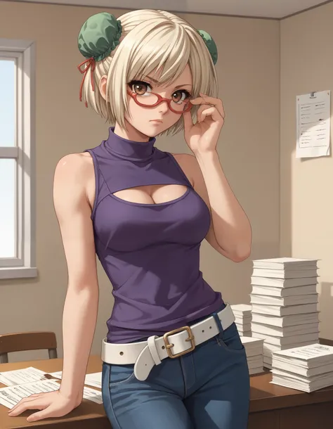 score_9, score_8_up, score_7_up, source_anime, adjusting eyewear, serious, glasses, light blonde hair, brown eyes, short hair, glasses, hair bun, bun cover, bun covers, double bun, 1girl, solo, sleeveless, purple shirt, turtleneck, loose belt, pants, cleav...