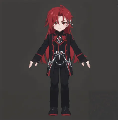 A full shot of a stylized anime male character, adult masculine body, presented in a dark-grey background, with vibrant crimson red hair, wearing a black suit with red accents, intricate silver ornamentation, and pointed shoes, displaying a confident, some...