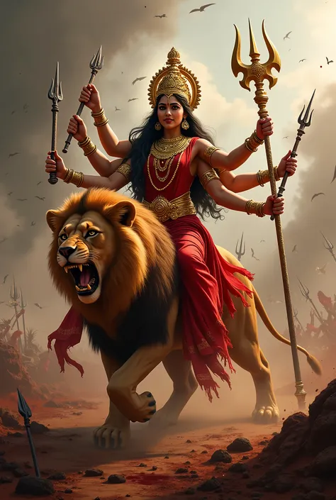 Generate a hindu goddess with 10 arms, 5 arms each side, full of anger, wearing red garment and a lot of Golden Jewellery, holding weapons, long black hair, riding a lion while one hand holding a long trident, in a Battlefield, dark smokey background, Bloo...
