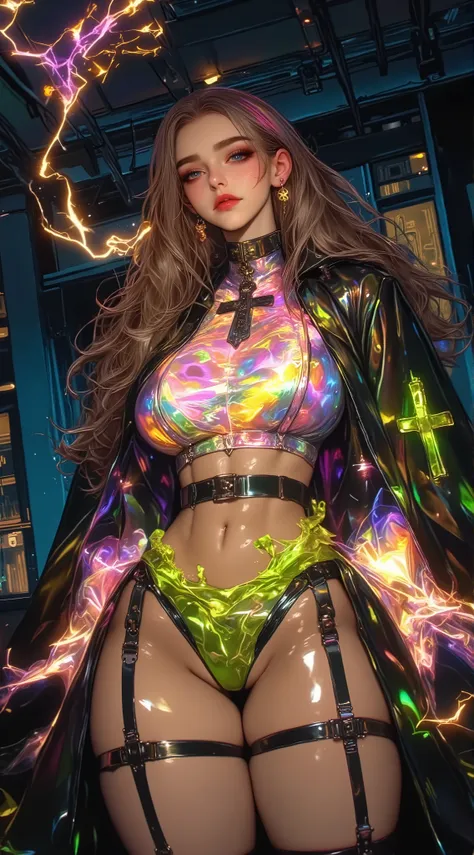 ((((Shiny silver accessories)))), ((((In the storm where thunder shines)))), ((((wet and glowing skin)))), (((Green Hair))), ( backlit), ((Super wet skin)), ((Fluorescent color)), (((In-depth images))), brunette girl, big Smile, super beautiful glowing e...