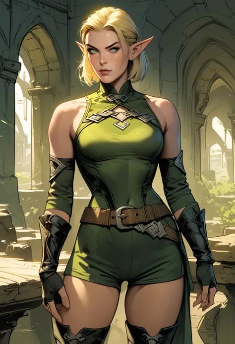 c0m1c_v1,w1w1_v1,realistic, 1girl, pointy ears, green eyes, solo, blonde hair, freckles, gloves, fingerless gloves, short hair, looking at viewer, breasts, elf, elbow gloves, hand on own hip, thigh boots, medium breasts, bare shoulders, closed mouth, bodys...