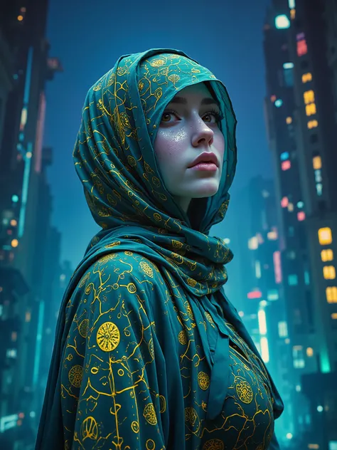 Award-winning 8K fantasy editorial. A porcelain-skinned British queen (Elizabeth II × Maude Adams) in a retro-futuristic medieval castle: gothic bioluminescent steel spires, holographic stained glass, floating fractal balcony. She wears an **enchanted glow...