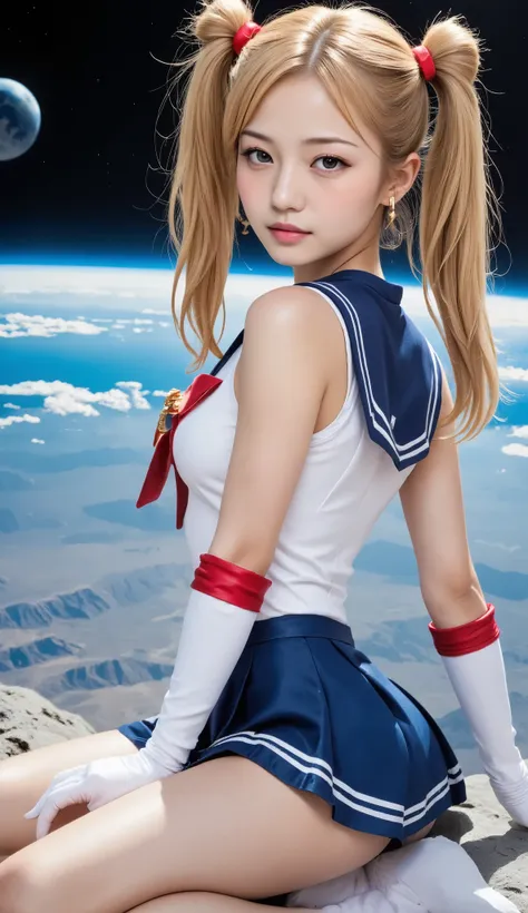 Create a hyper-realistic photograph featuring a beautiful 20-year-old girl with fair skin. She has very long straight blonde hair styled in two buns, resembling twin tails. She is dressed in a Sailormoon costume, striking a pose on the lunar surface. The b...
