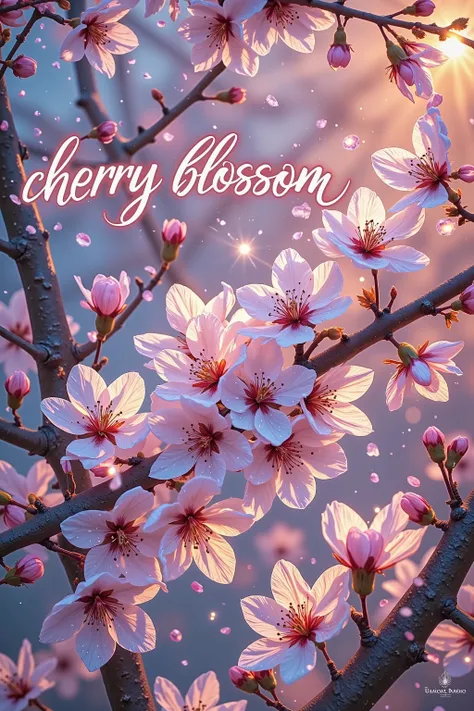 A macro art of blooming and glowing sakura as spring greeting postcard with "Cherry Blossom"

