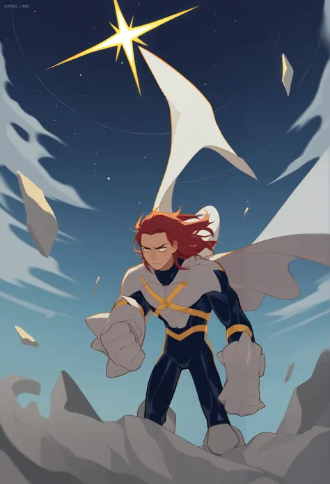 Invincible stands tall in the vast emptiness of space, his posture rigid yet resolute. The weightless void surrounds him, an endless stretch of black speckled with distant stars that twinkle like shards of shattered glass. His blue and yellow suit clings t...
