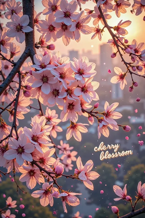 A macro art of blooming and glowing sakura as spring greeting postcard with "CHERRY BLOSSOM" written with artful fonts. **CHERRY BLOSSOM** artful fonts.

