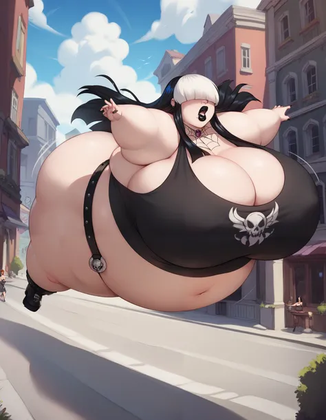 score_9, score_8_up, score_7_up, score_6_up, score_5_up, score_4_up, solo, ((female, human woman)), (nude) inflating, floating, expansion, spherical inflation, puffed legs, puffed arms, puffed breasts on front,  tethered, by grinn3r , gothmom, multicolored...