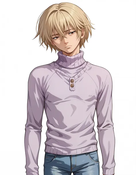 score_9, score_8_up, score_7_up, source_anime, 1boy, male focus, solo, sensisono, light blonde hair, brown eyes, hair between eyes, short hair, bangs, turtleneck, lilac sweater, long sleeves, buttons, pants, jeans pants, cowboy shot, tired, head tilt, hand...